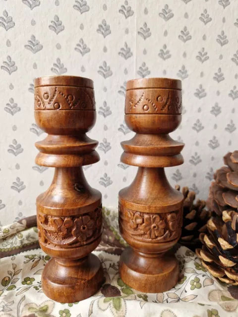 Vtg Pair Wooden Chunky Candlesticks Candle Holder Boho Brocante Home Decor