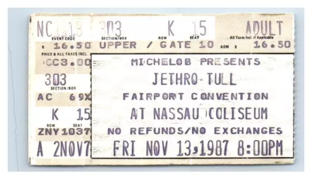 Jethro Tull Concert Ticket Stub November 13 1987 Uniondale New York