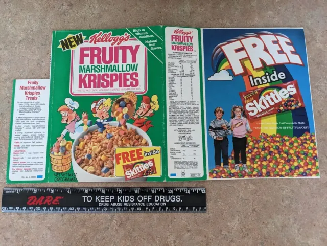 VINTAGE KELLOGG'S FRUITY Marshmallow Krispies Cereal Box Skittles Candy ...