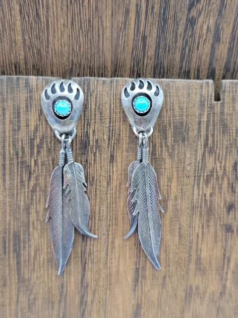 Native American 925 Sterling Silver Bear Paw & Feather Earrings Large Dangle VTG