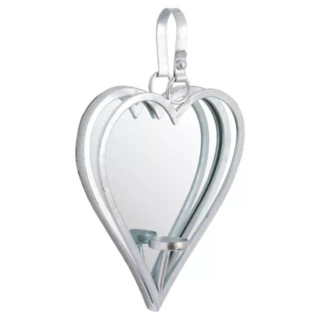 Small Antique Silver Tone Mirrored Heart Candle Holder -Wall Sconce 38 cm