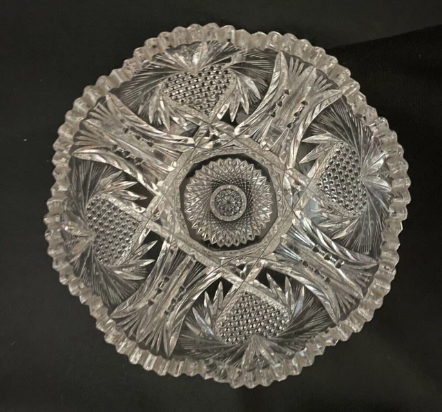 Vintage American Brilliant Period Cut Glass Sawtooth Bowl 3.5" Tall 8.5" Wide