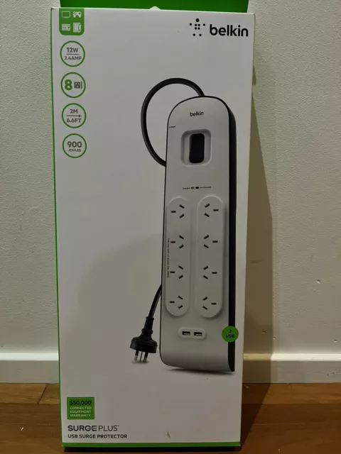 Belkin 8 Way Outlet Surge Protector 2M Power Board 2.4A w 2 USB Ports Charger