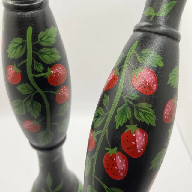 Vtg Pair Strawberry Folk Art Hand Painted Black Wood Candlestick Farmhouse 12.5”