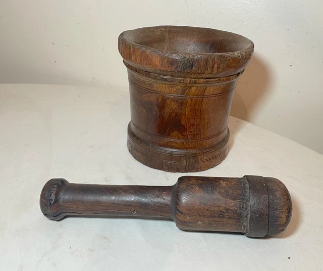 HUGE rare antique 18th century handmade wood wrought iron mortar and pestle 1700