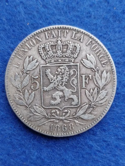 MONETA ARGENTO - 5 FRANCHI LEOPOLDO Il BELGIO ANNO 1868