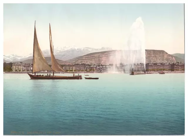 Suisse, Lac Léman, Genève, le jet d&#039;eau Vintage albumen print,  photochro