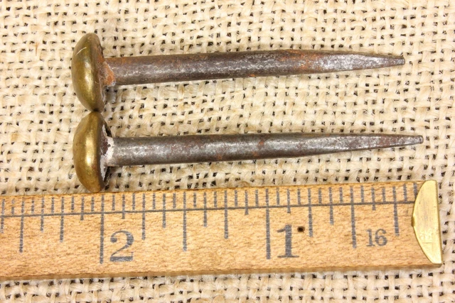 2 Old Picture Nails Victorian Large BRASS Head Painting Hanger vintage 1800’s 3
