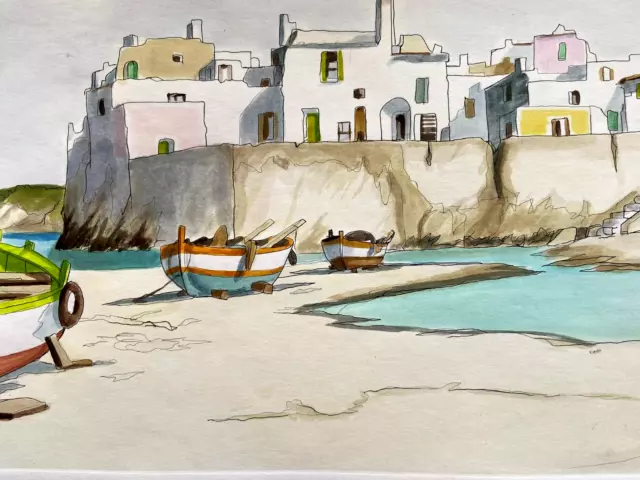 Aldo Riso '' Barcos De Riva ''Grabado Pintada a Mano 35x100