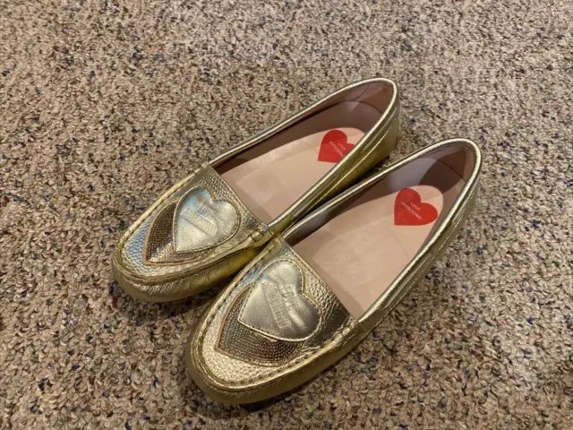 Love Moschino Flats Gold Leather Loafers Shoes Driving  Moccasin Size: 39