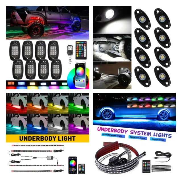 RGB/White Car Strip LED Tube Underglow System Underbody Neon Light Kit Wireless