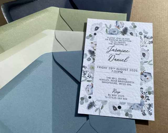 Luxury dusty blue flowers WEDDING INVITATIONS rustic white blush blue navy cards