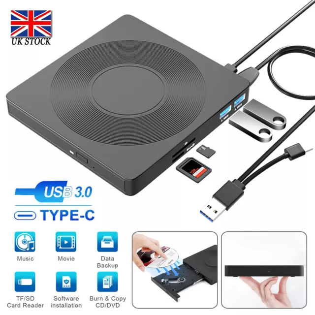 USB External DVD RW CD Writer Drive Burner Reader For Laptop PC Windows 10