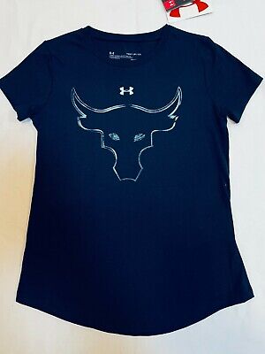 Under Armour Project Rock Tee Youth Girls Small Bull Distressed Graphic Blue