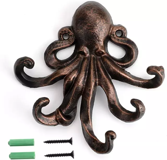 6 Inch Cast Iron Octopus Decorative Coat Hook - Wall Mounted Nautical Hand Towel