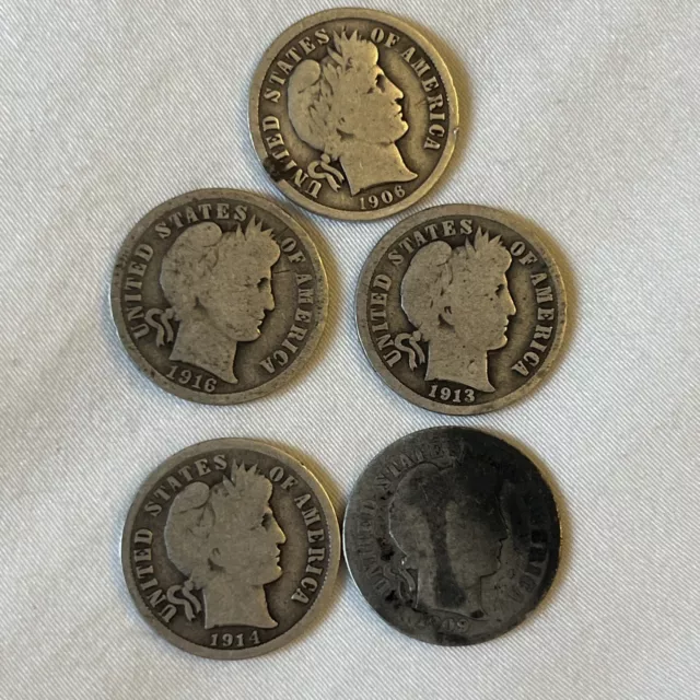 Lot of 5 Barber Dimes 1906 1909 1913 1914 1916 B14