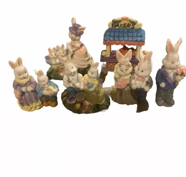 6 Vintage Mini Easter Bunny  Rabbit Egg Village Resin Figurines 2" Tall