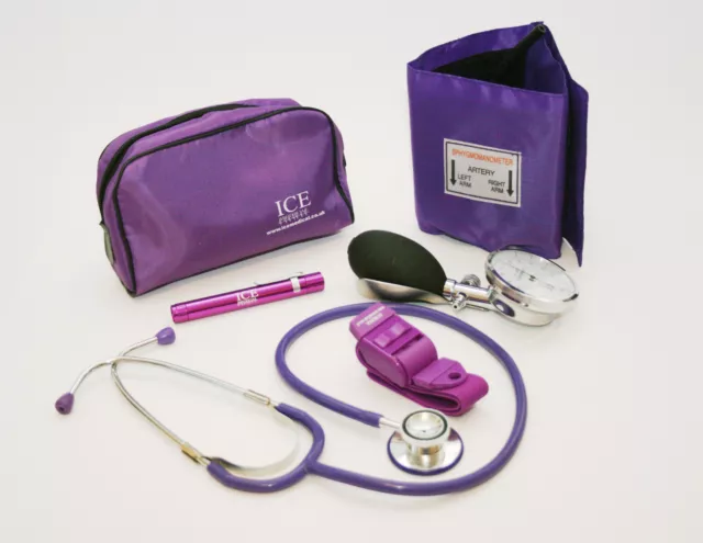 Purple Blood Pressure Sphygmomanometer Stethoscope Penlight Tourniquet GP - ICE