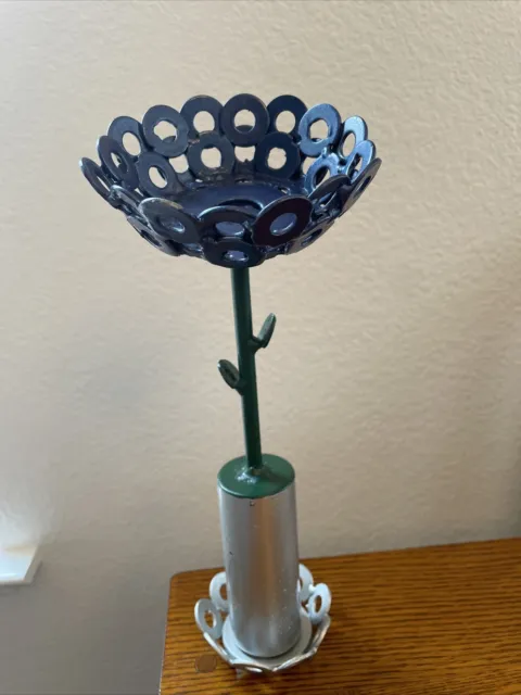 Metal Art Sculpture Welded Painted Blue Flower In A Silver Vase 11.5” Tall