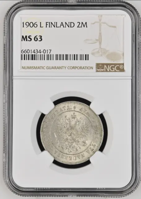 FINLAND Russia 2 MARKKAA 1906 L SILVER NGC MS 63