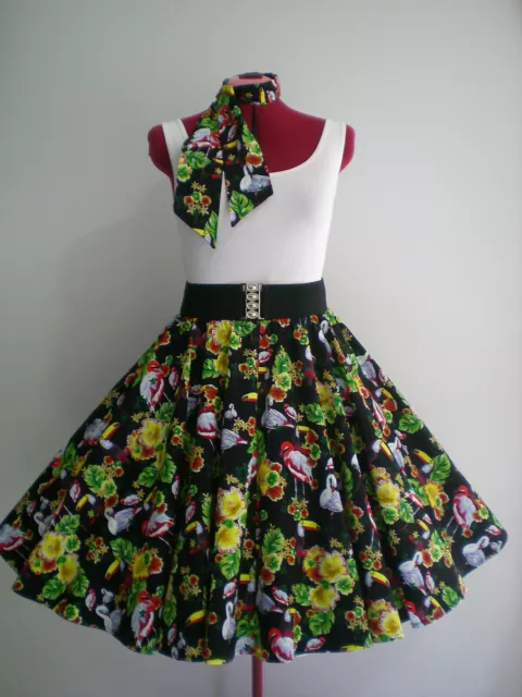 ROCK N ROLL/ROCKABILLY "Flamingoes & Toucans" SKIRT & SCARF S-M Black/Multi.