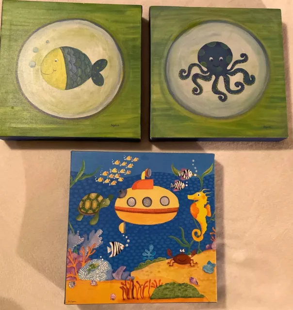 Sapna Canvas Wall Art Painted Ocean Fish Blue Room Decor Lot Of 3