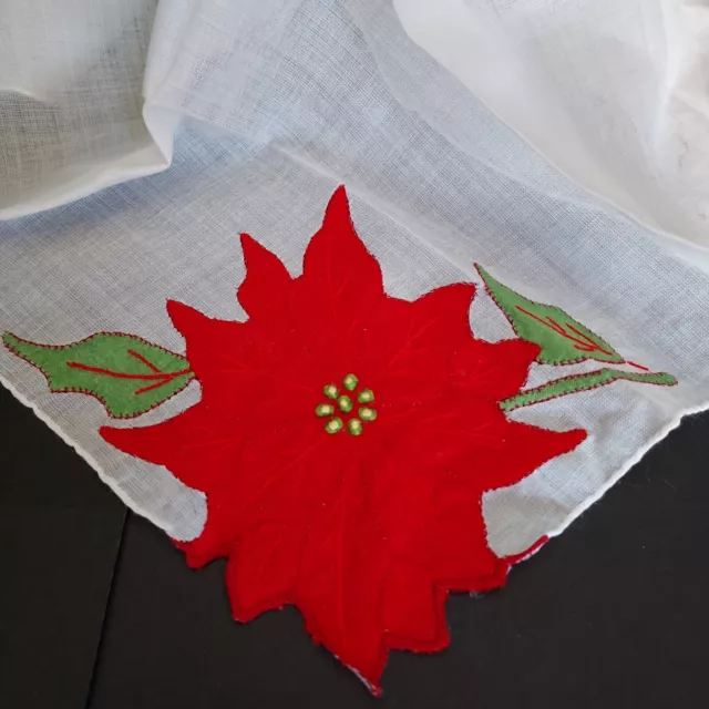 Vintage Christmas Handkerchief Hankie Bright Red Poinsettia Holly Leaves Ladies