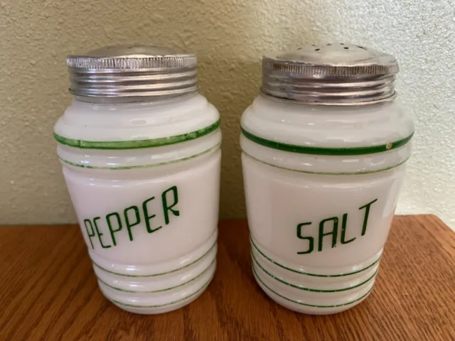 Vintage Hazel Atlas milk glass salt pepper shakers green stripes lettering