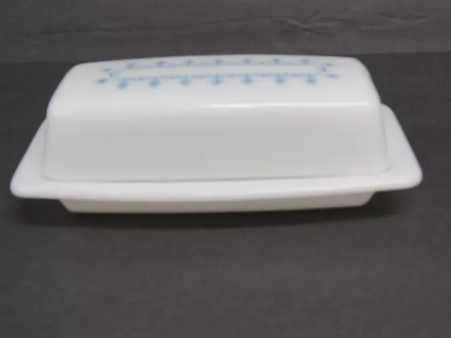 Pyrex Snowflake Garland White Blue Milk Glass Covered Butter Dish 72-B