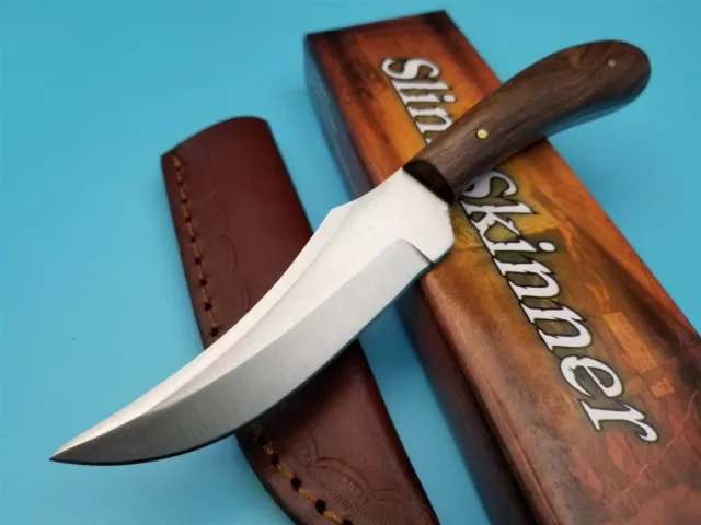 Upswept Skinner Patch Knife Fixed Blade Full Tang w/ Burlwood and Leather Sheath