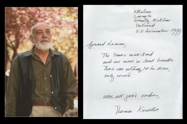 Thomas Kinsella (1928-2021) - Irish poet - Rare signed handwritten poem - 1999