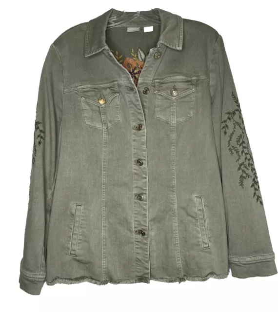 Chico's Embroidered  Military Jacket Boho Floral Flowers Olive  Green Size L