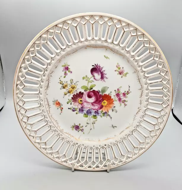 Antique Vintage Dresden Porcelain Hand Painted with Flowers Pierced Plate - 21cm