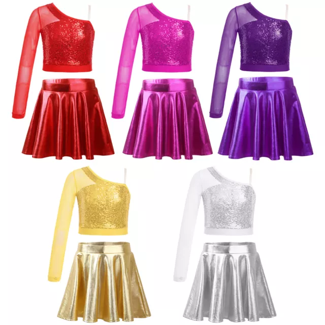 Kids Girls Crop Top With Flared Skirt Glittery Stage Performance Costume A Line 3