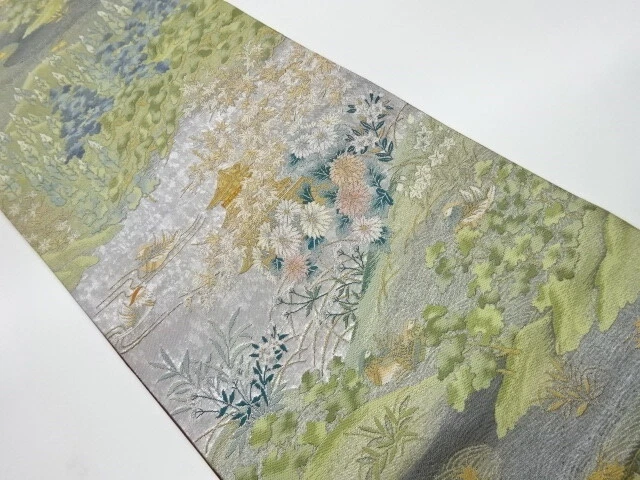 5396044: Japanese Kimono / Vintage Fukuro Obi / Woven Temple Scenery