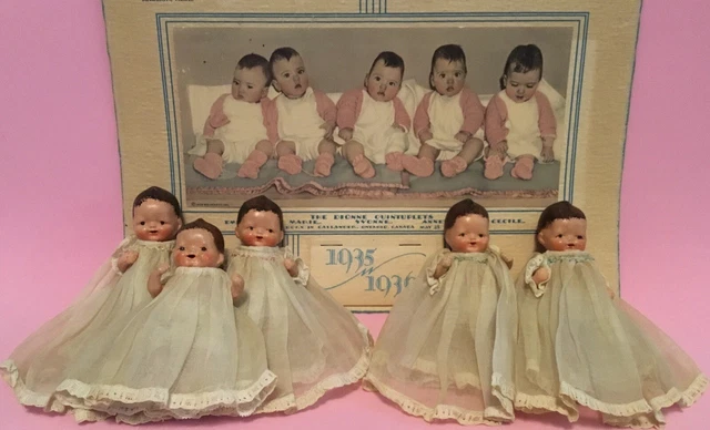 Antique Lot of 5 DIONNE QUINTUPLET DOLLS Original Outfits and Calendar Unique!