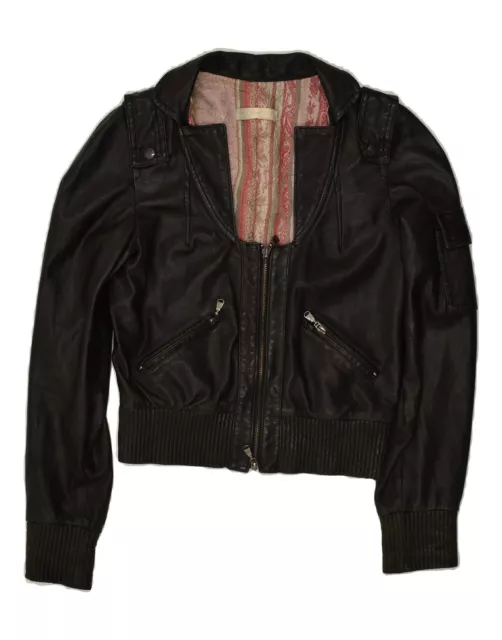 VINTAGE Womens Crop Leather Jacket IT 44 Medium Black Leather BI04