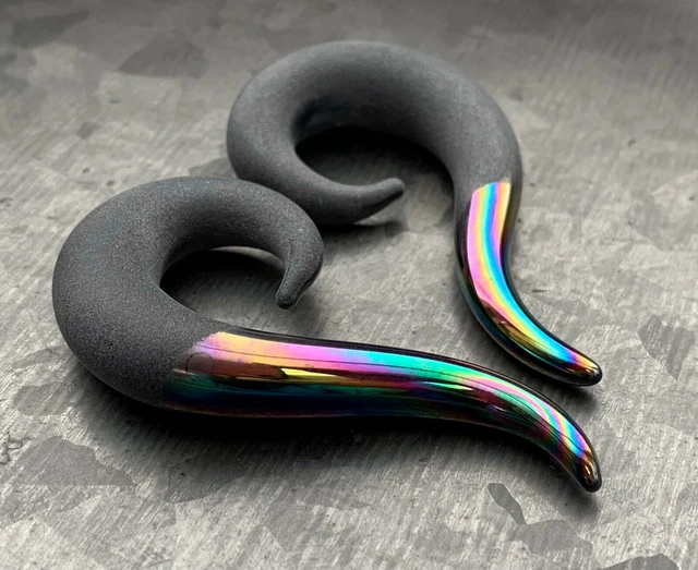 PAIR Two-Toned Matte & Rainbow Glass Spiral Hanging Tapers Expander Plugs Gauges