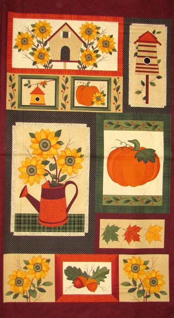 Harvest Song Birdhouse Pumpkin Sunflower Fall Cotton Fabric Benartex 24" Panel