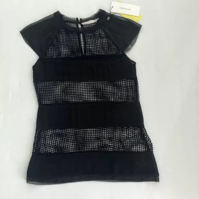 KAREN MILLEN Black Sheer Top, Georgette & Mesh, Short Sleeve- AU/UK 6 - NEW, NWT