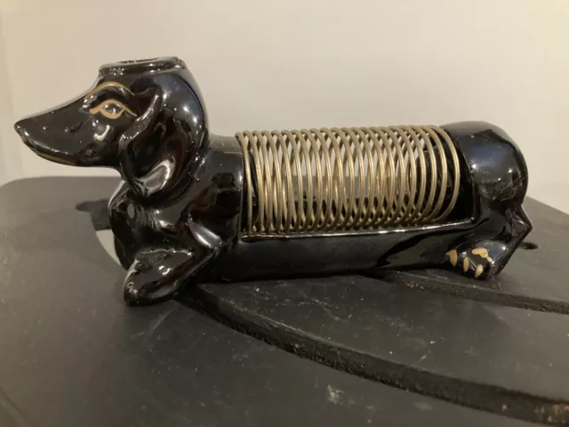 VTG WEINER DOG MAIL HOLDER, PENCIL/PEN HOLDER, Black CERAMIC Streamline 1958