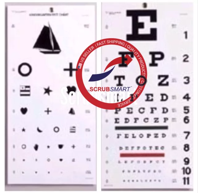 USA Snellen & Kindergarten / Children Eye Exam Test Wall Charts SET 2 Pack ECWSK