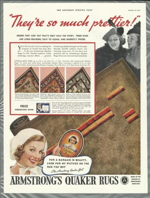 1937 ARMSTRONG LINOLEUM advertisement, QUAKER RUGS