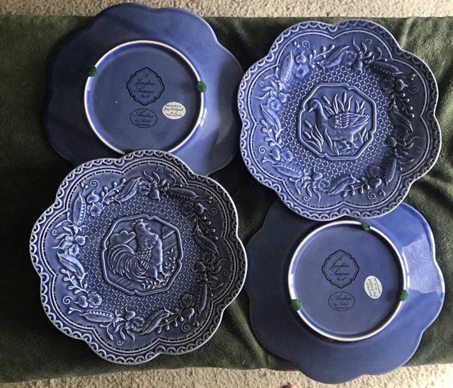 Andrea By Sadek  8 inch Blue Raised  2 Rooster / 2 Duck Dinner Plates
