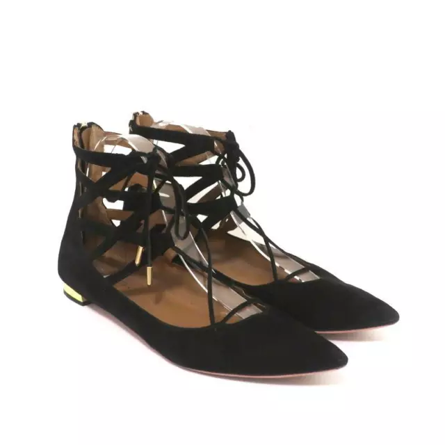 Aquazzura Belgravia Lace-Up Flats Black Cutout Suede Size 39 Pointed Toe