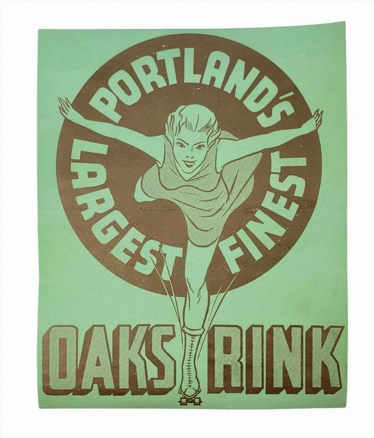 c1940-50's Oaks Rink Green Roller Skating Rink Sticker Label Portland Oregon