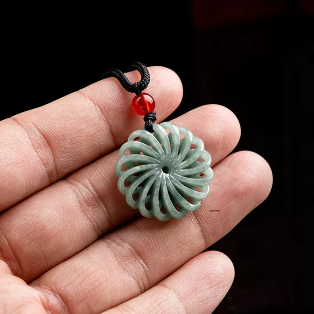 Natural Grade A Jade Jadeite Lucky Men Women Hollow Flower Wheel Pendant 3