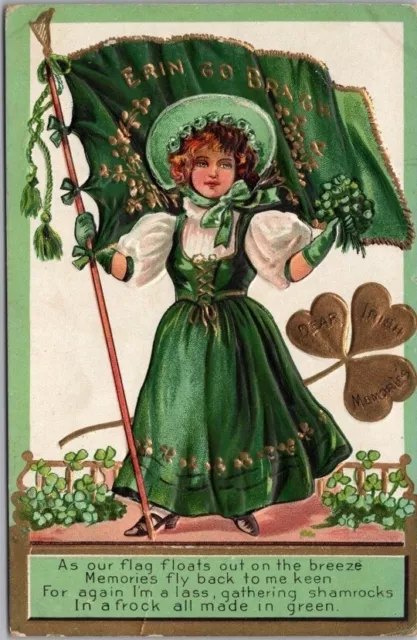 ST. PATRICK'S DAY Embossed Postcard Girl with ERIN GO BRAGH Flag / 1910 Cancel