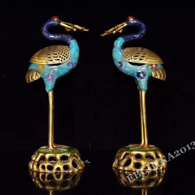11" Chinese Bronze Cloisonne Enamel Gilt Crane Bird Incense Burner Censer Pair