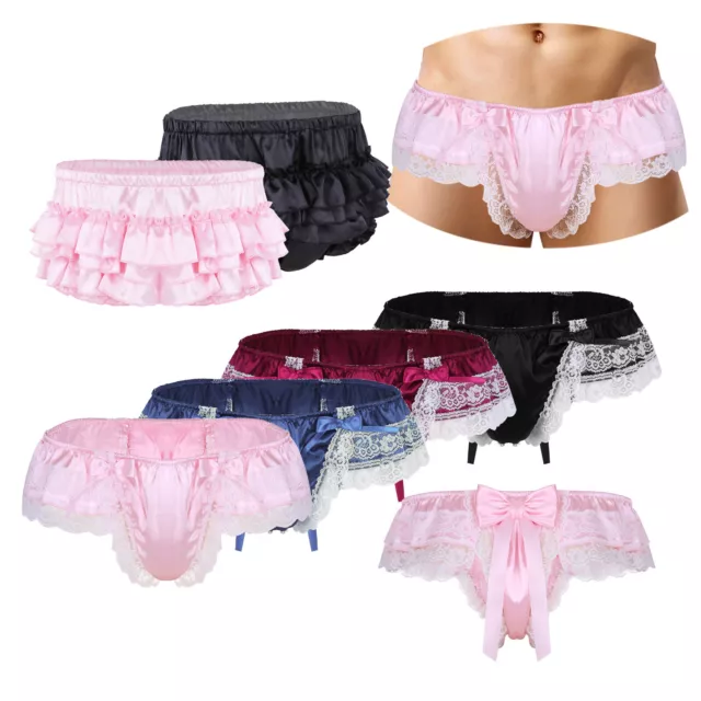 Mens Satin Frilly Sissy Crossdress Briefs Underwear Ruffled Skirted Panties